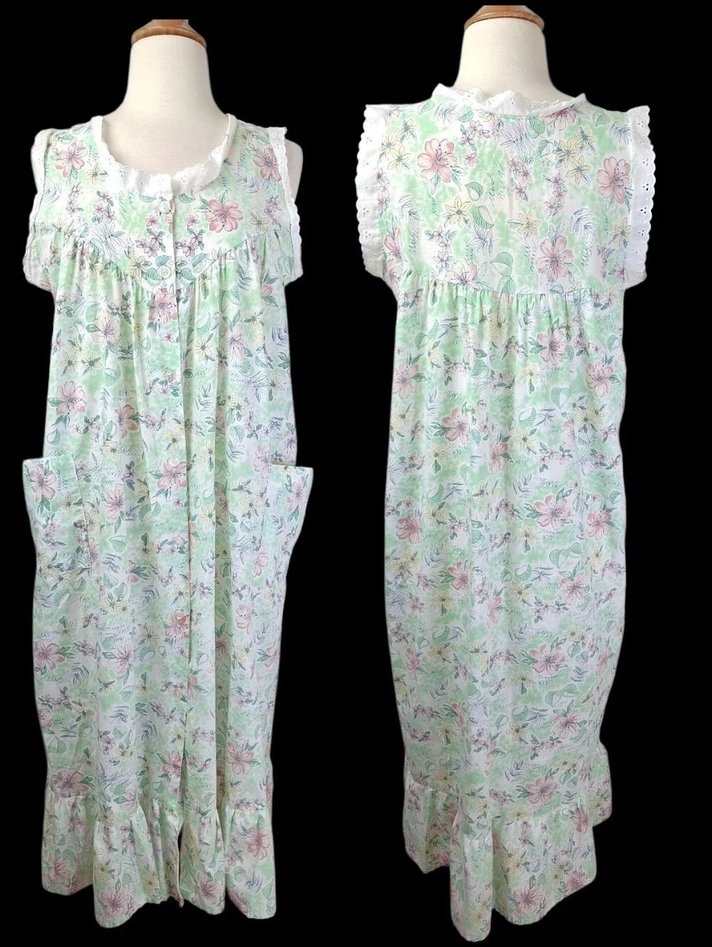 Vintage 80s Floral Sleeveless Midi House Dress M Lace Cottagecore Grannycore - Picture 1 of 6